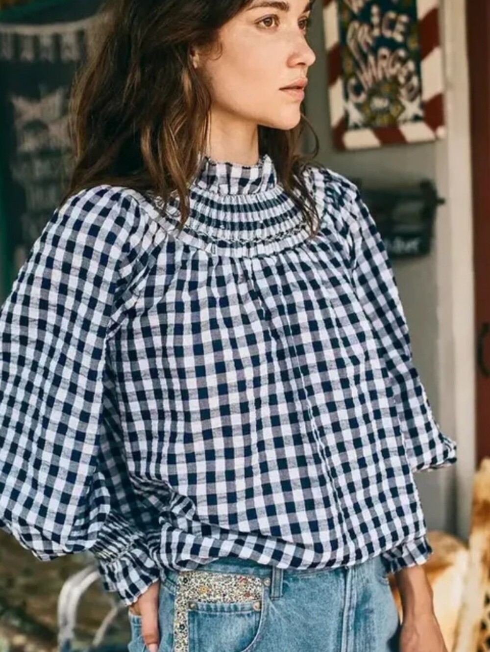 Hunter Bell Hayes Smocked High-Neck Gingham Blouse - Navy/White XSmall - Picture 11 of 12
